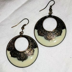 Cream & Bronze Colored Drop Earrings 1.25" diam.